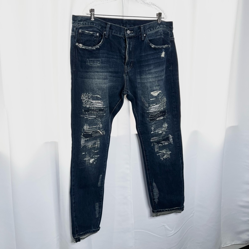 DOPE MEN’S  DISTRESSED DENIM STRAIGHT LEG JEANS - Picture 3 of 8